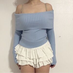 Pastel blue off the shoulder ribbed knit sweater top long sleeve